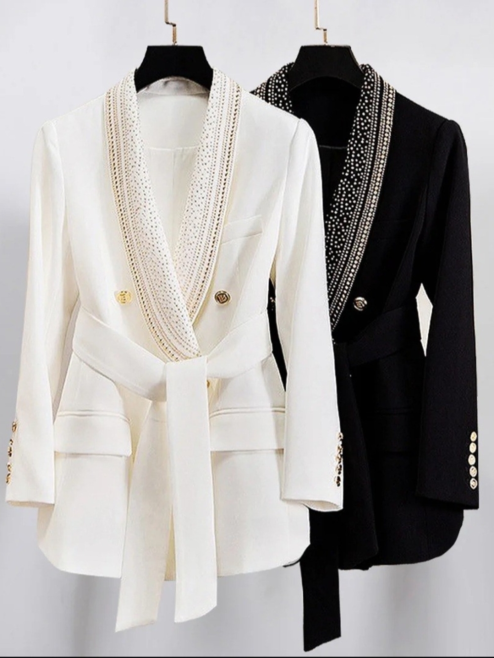 Elegant Women's White Belted Blazer with Embellished Shawl Collar